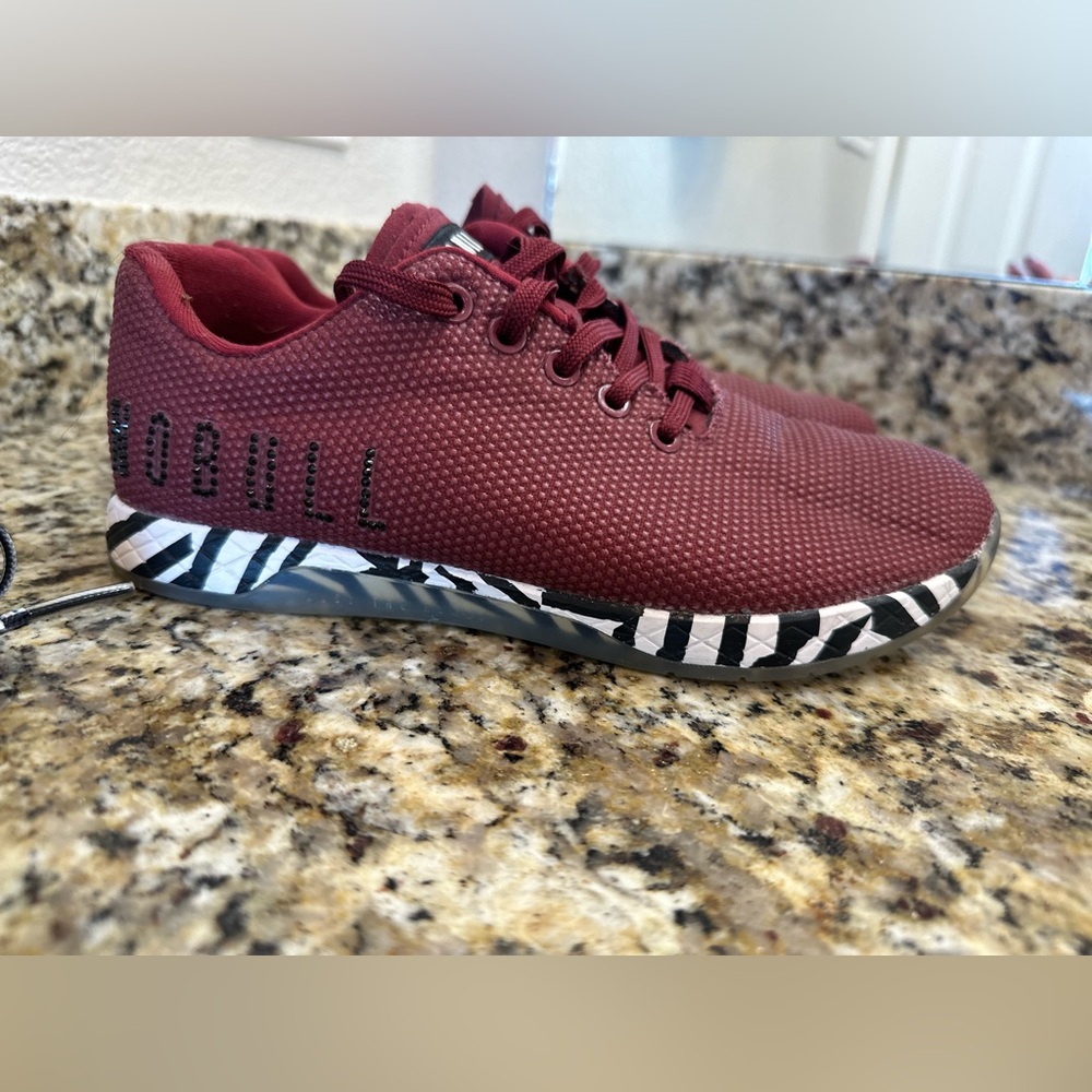 NOBULL Burgundy Athletic Shoes with Black & White Zebra Midsole